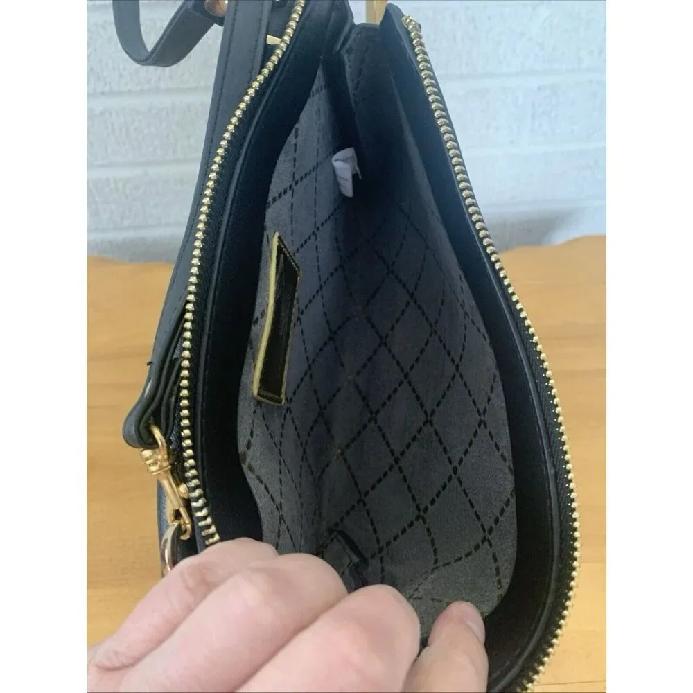 Mark & Hall Fold Over Black Faux Leather Crossbody Flap Bag Gold Rock Stud EUC
